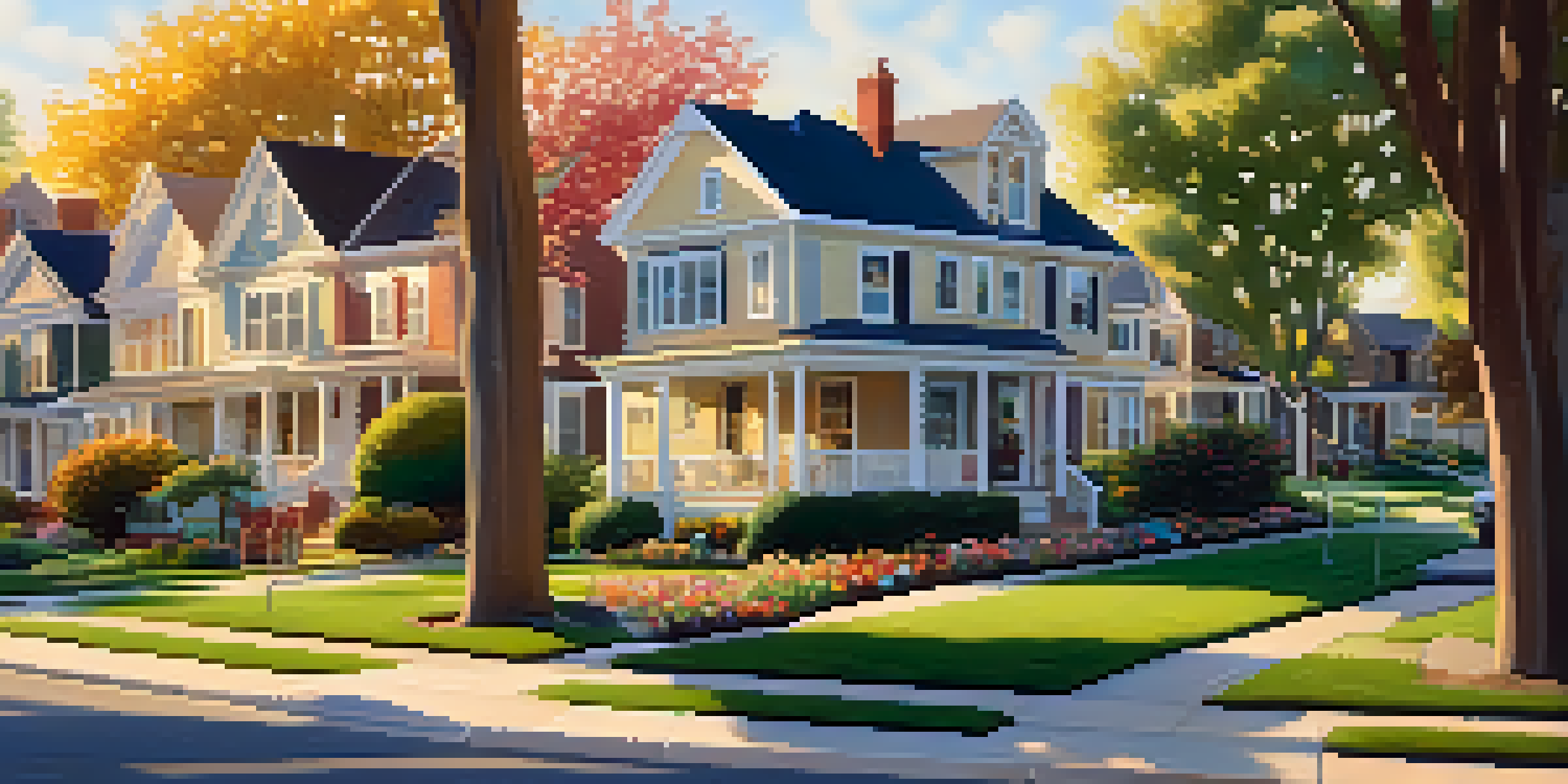 A peaceful residential neighborhood at sunset with family homes and children playing.