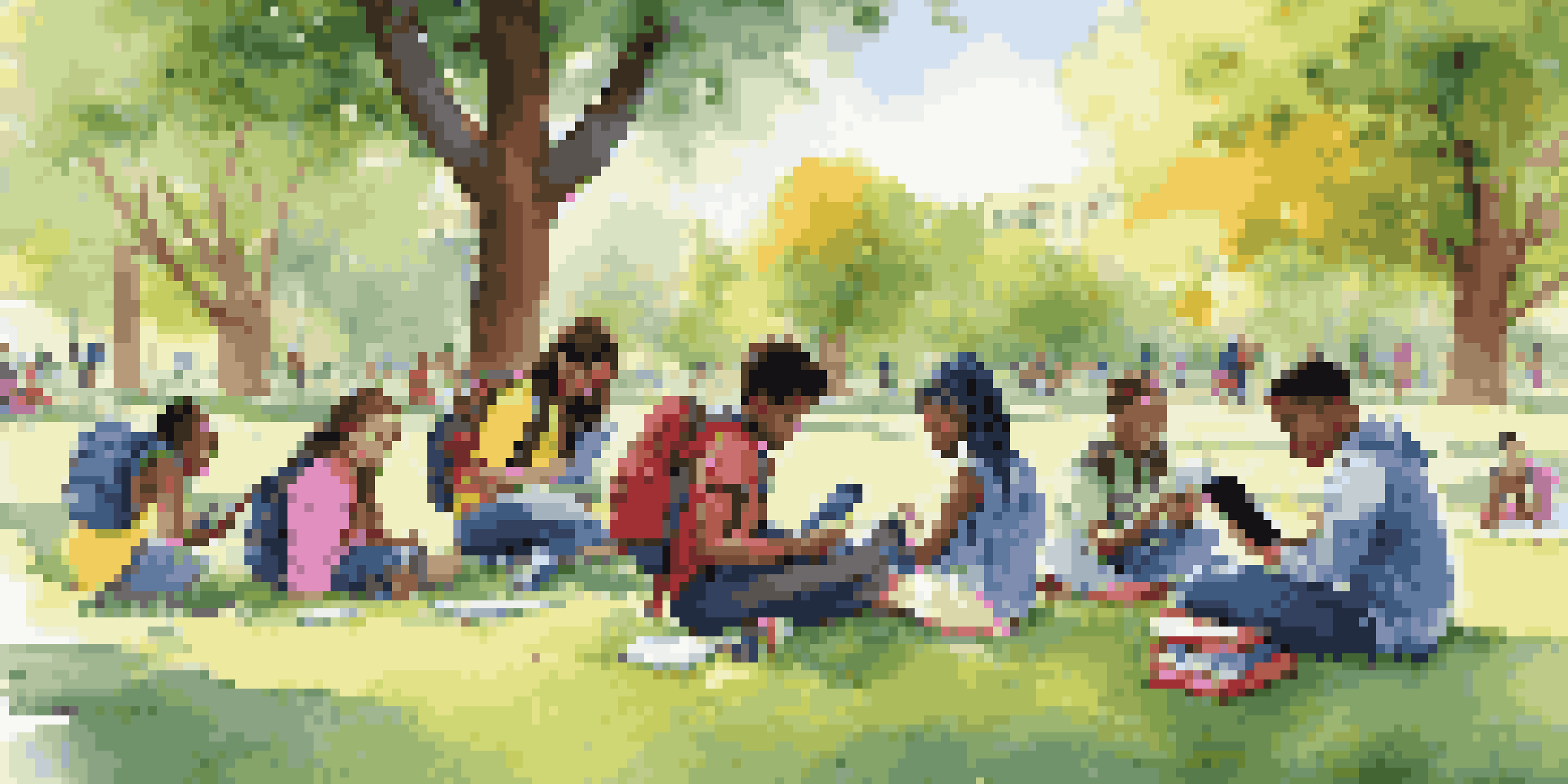 A diverse group of students using mobile devices in a sunny outdoor classroom, surrounded by nature and colorful backpacks.