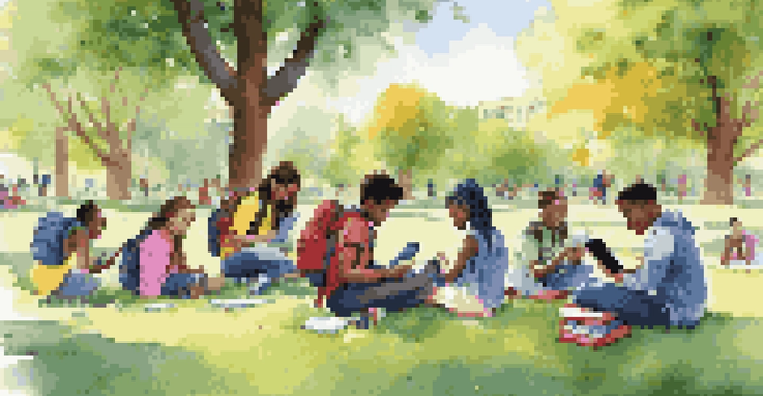 A diverse group of students using mobile devices in a sunny outdoor classroom, surrounded by nature and colorful backpacks.