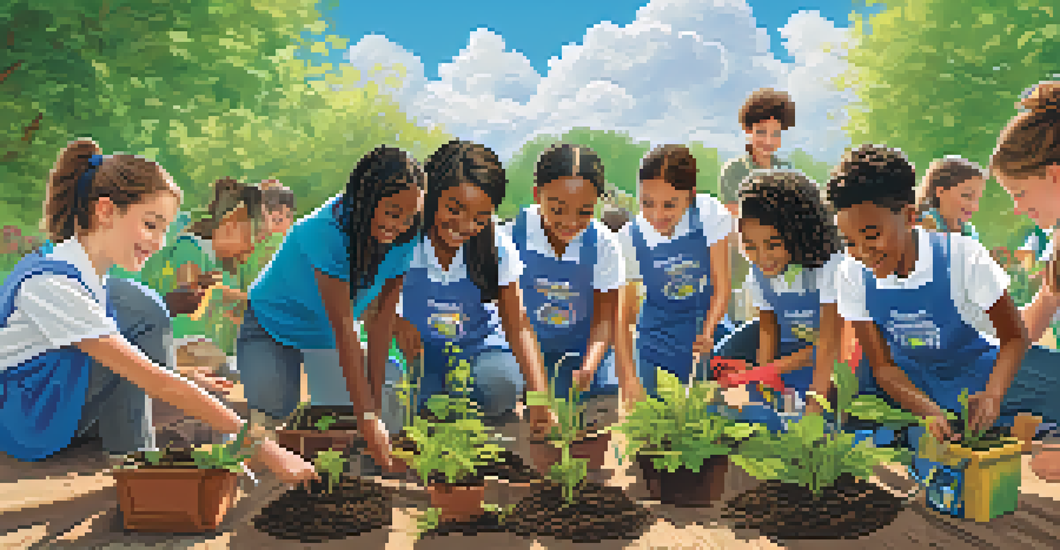 A diverse group of students planting saplings in an outdoor classroom setting, smiling and working together under a clear blue sky.