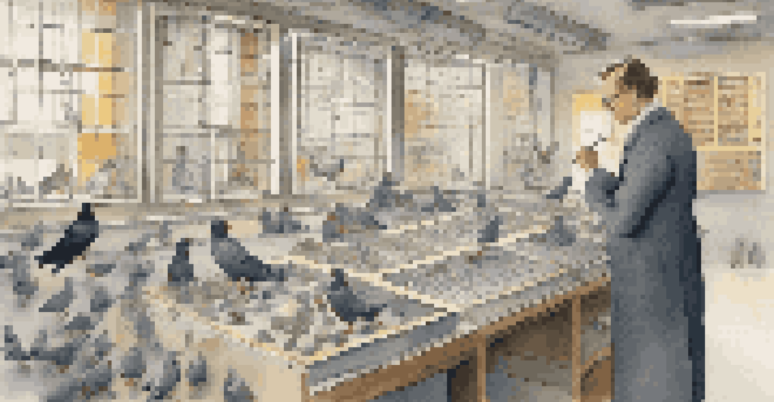 A researcher observing pigeons in a Skinner box, demonstrating operant conditioning in a laboratory.