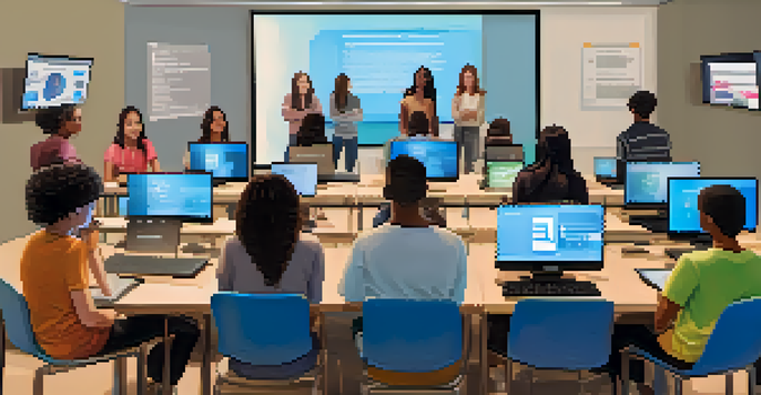 A diverse group of students participating in an online class discussion, using laptops and tablets in a modern virtual classroom.