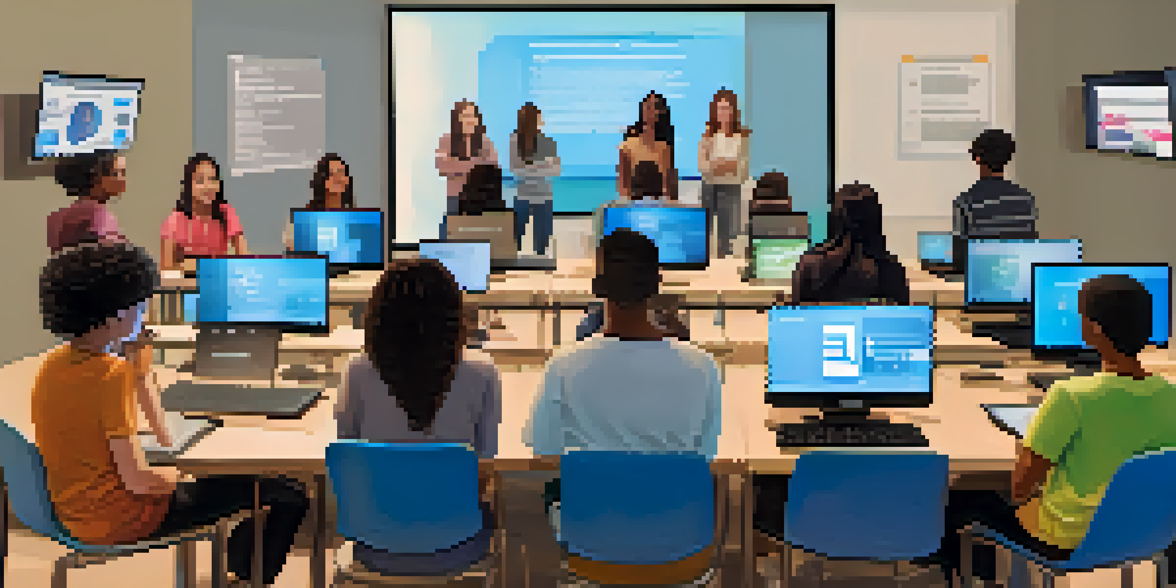 A diverse group of students participating in an online class discussion, using laptops and tablets in a modern virtual classroom.