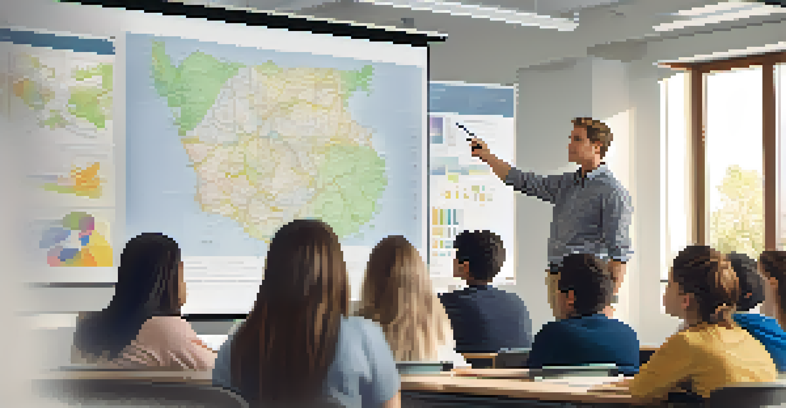 An instructor using a projector to explain a concept in a well-organized classroom, with students attentively watching.