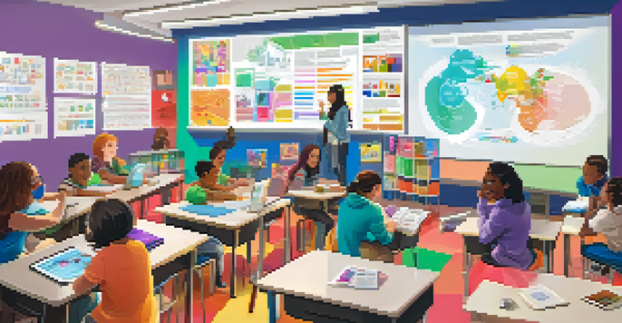 Students in a vibrant classroom collaborating on a gamified research project, surrounded by educational materials and digital screens.