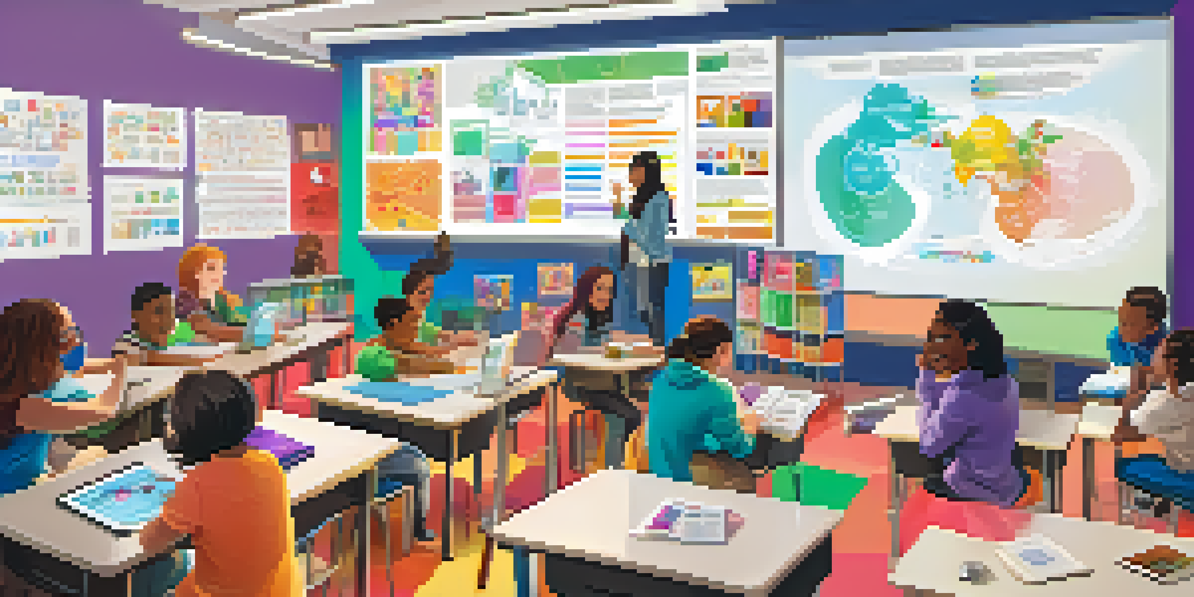 Students in a vibrant classroom collaborating on a gamified research project, surrounded by educational materials and digital screens.