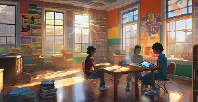 A lively classroom where students interact with books, games, and tablets, illuminated by sunlight.