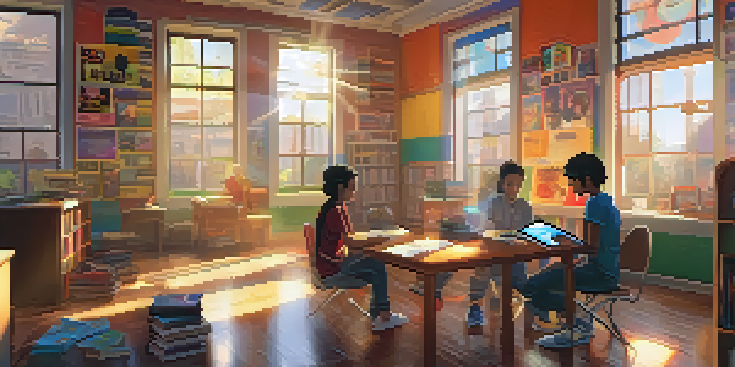 A lively classroom where students interact with books, games, and tablets, illuminated by sunlight.