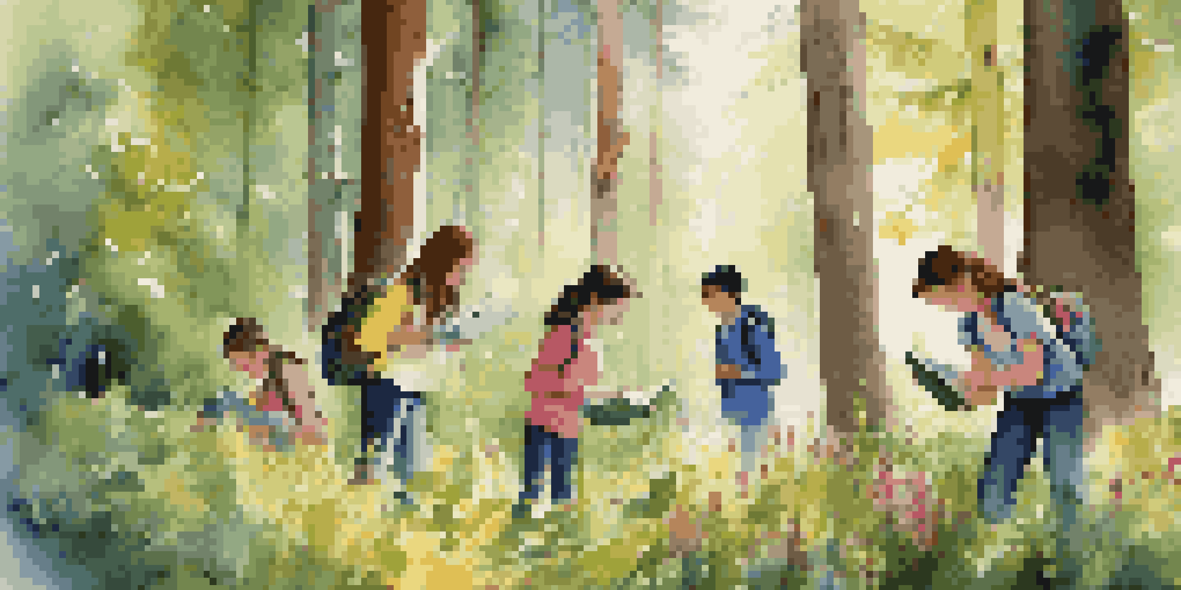 A diverse group of students exploring a forest, using magnifying glasses and notebooks during a nature scavenger hunt.