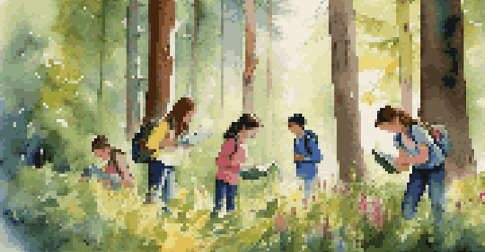 A diverse group of students exploring a forest, using magnifying glasses and notebooks during a nature scavenger hunt.