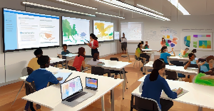 A diverse group of students collaborating in a bright virtual classroom, engaged in learning with laptops and educational materials.