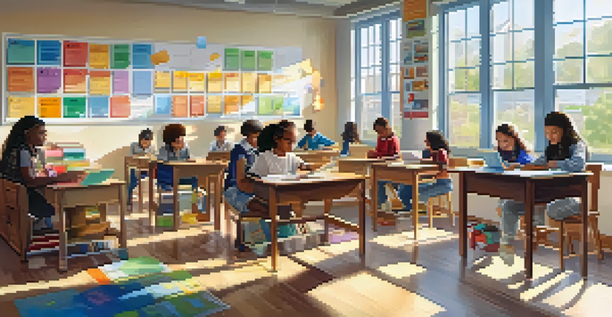 A bright classroom with diverse students actively participating in personalized learning activities, surrounded by educational materials and sunlight.