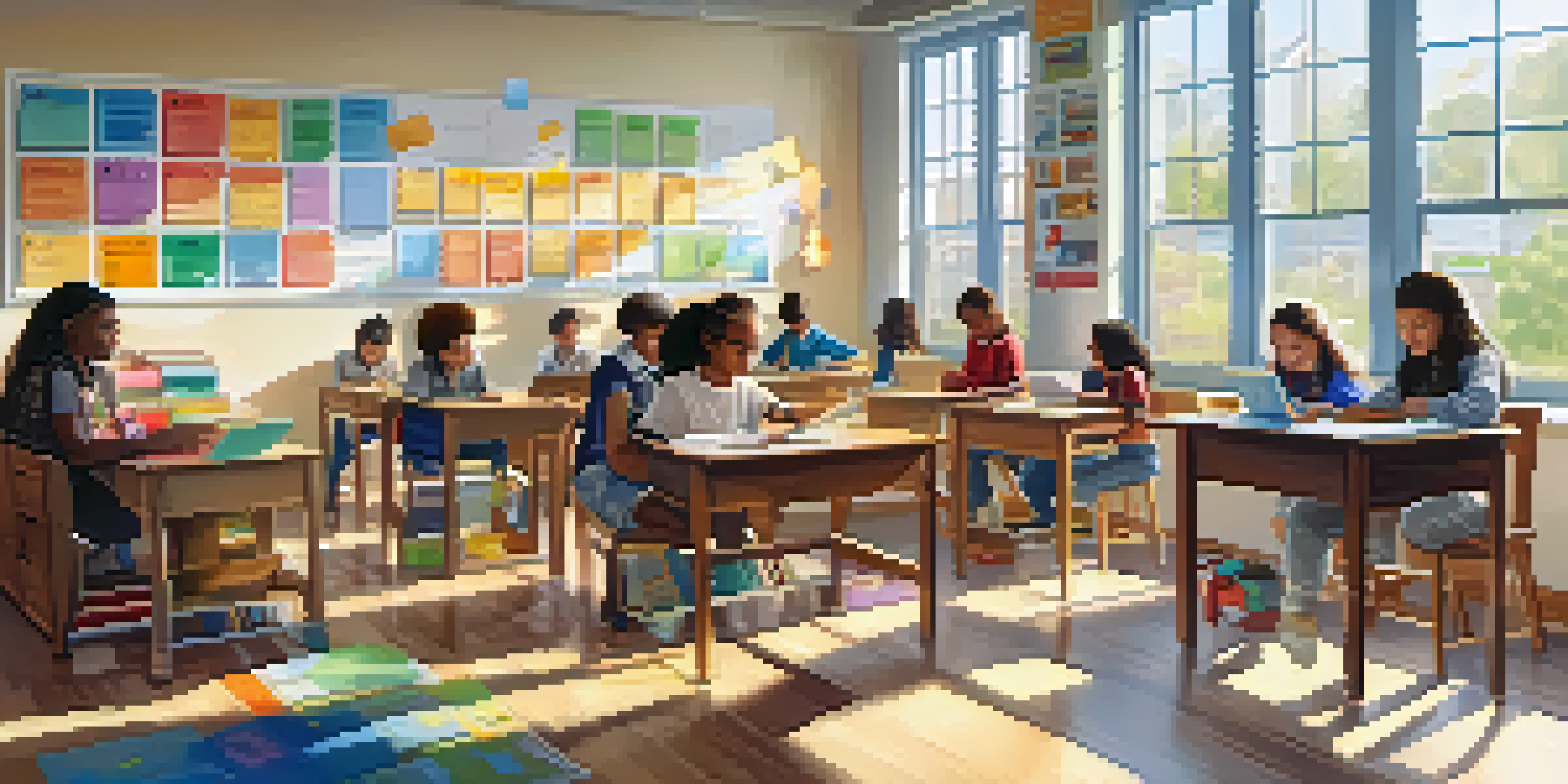 A bright classroom with diverse students actively participating in personalized learning activities, surrounded by educational materials and sunlight.