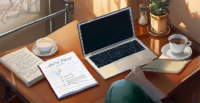 A person writing in a reflection journal at a cozy desk filled with study materials.