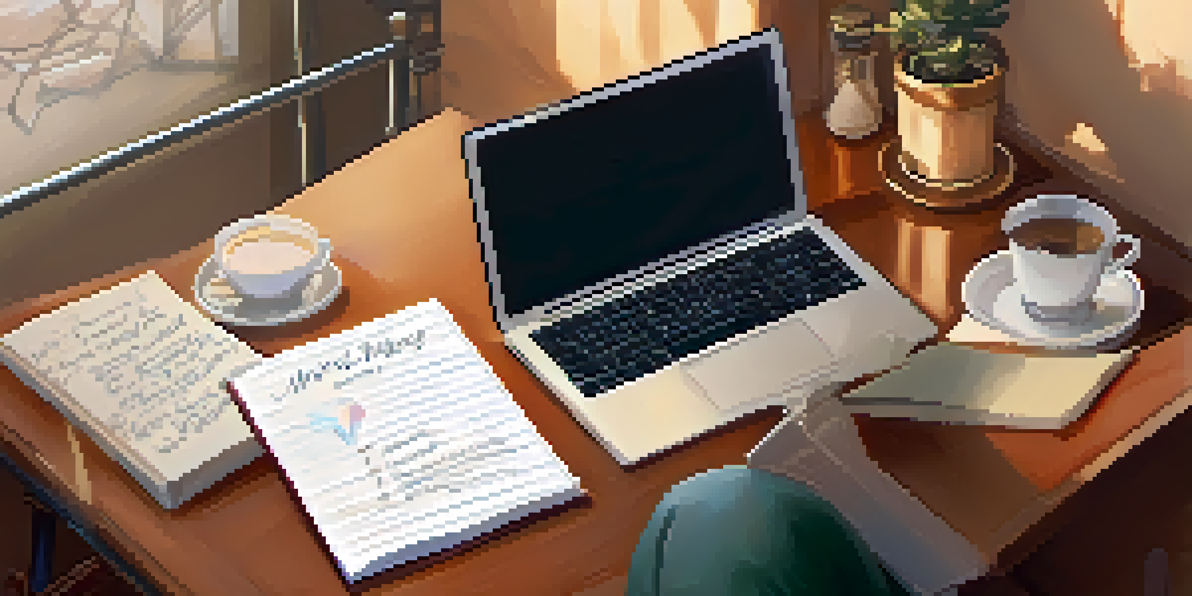 A person writing in a reflection journal at a cozy desk filled with study materials.