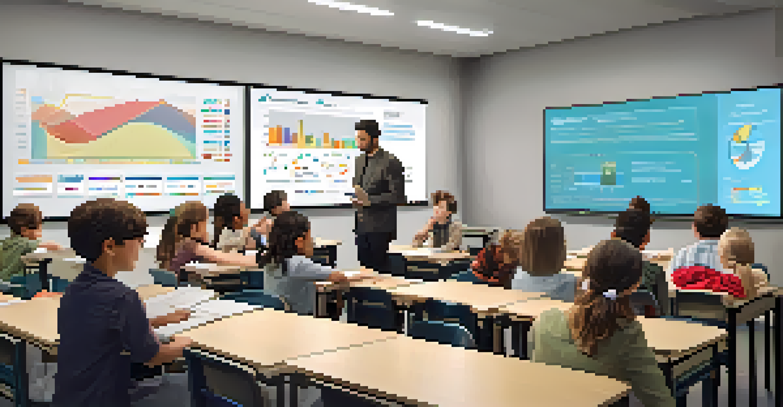 A teacher examining student performance data on a screen, surrounded by engaged students discussing their learning.