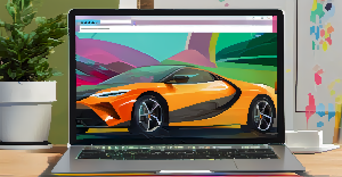 A laptop showing a colorful digital portfolio with multimedia elements, bright lighting, and a plant in the background.