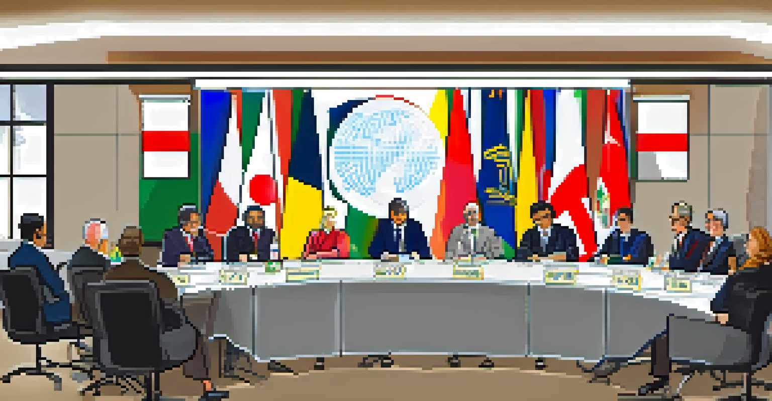 Delegates from different countries at an international education conference, seated at a modern table with flags and a presentation screen in the background.