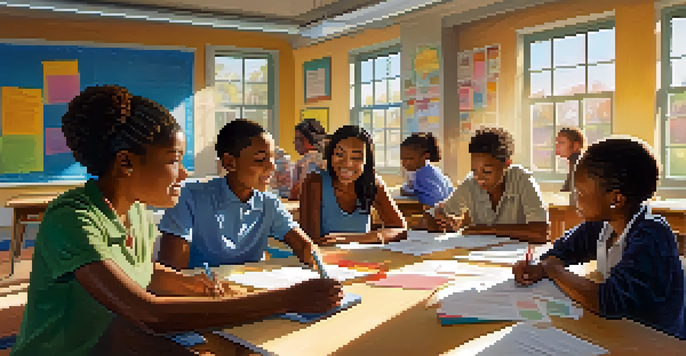 A diverse group of teachers collaborating in a bright classroom, surrounded by educational materials and sunlight.