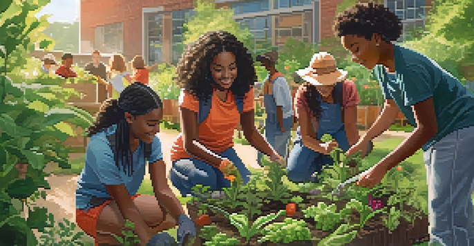 A diverse group of students working together in a community garden, planting flowers and vegetables under sunlight.