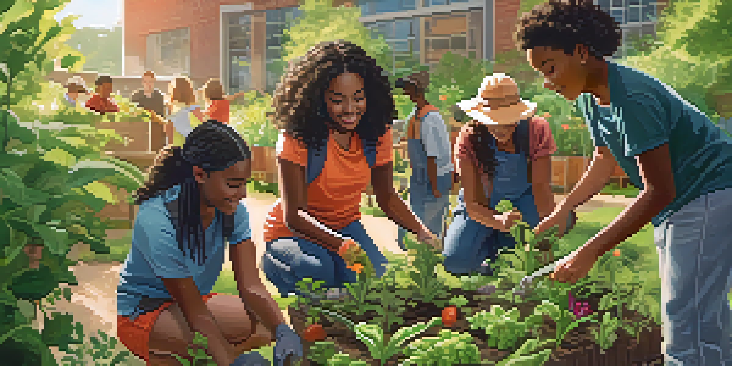 A diverse group of students working together in a community garden, planting flowers and vegetables under sunlight.