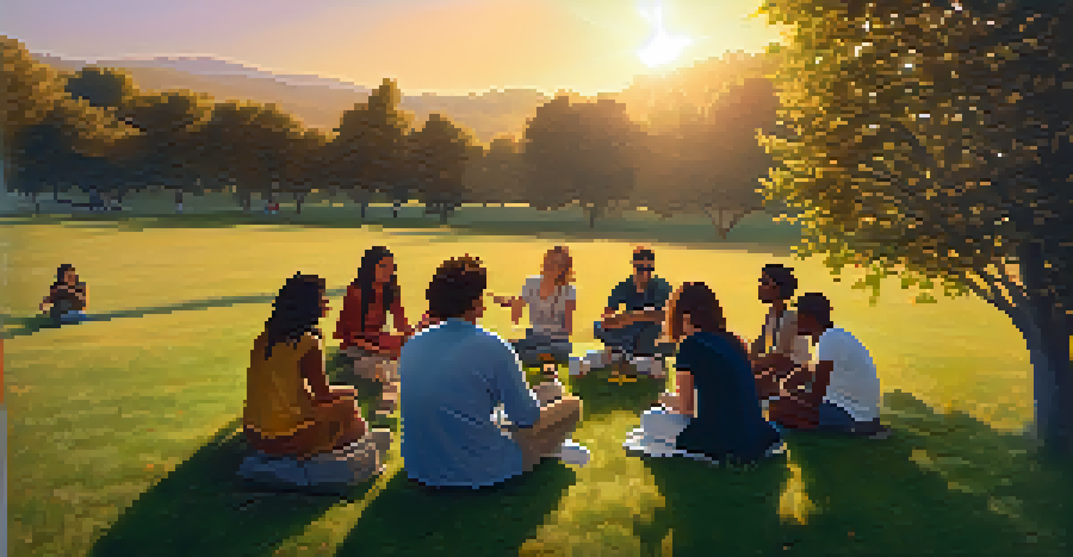 A diverse group of friends sitting on the grass, engaged in a thoughtful discussion during sunset.