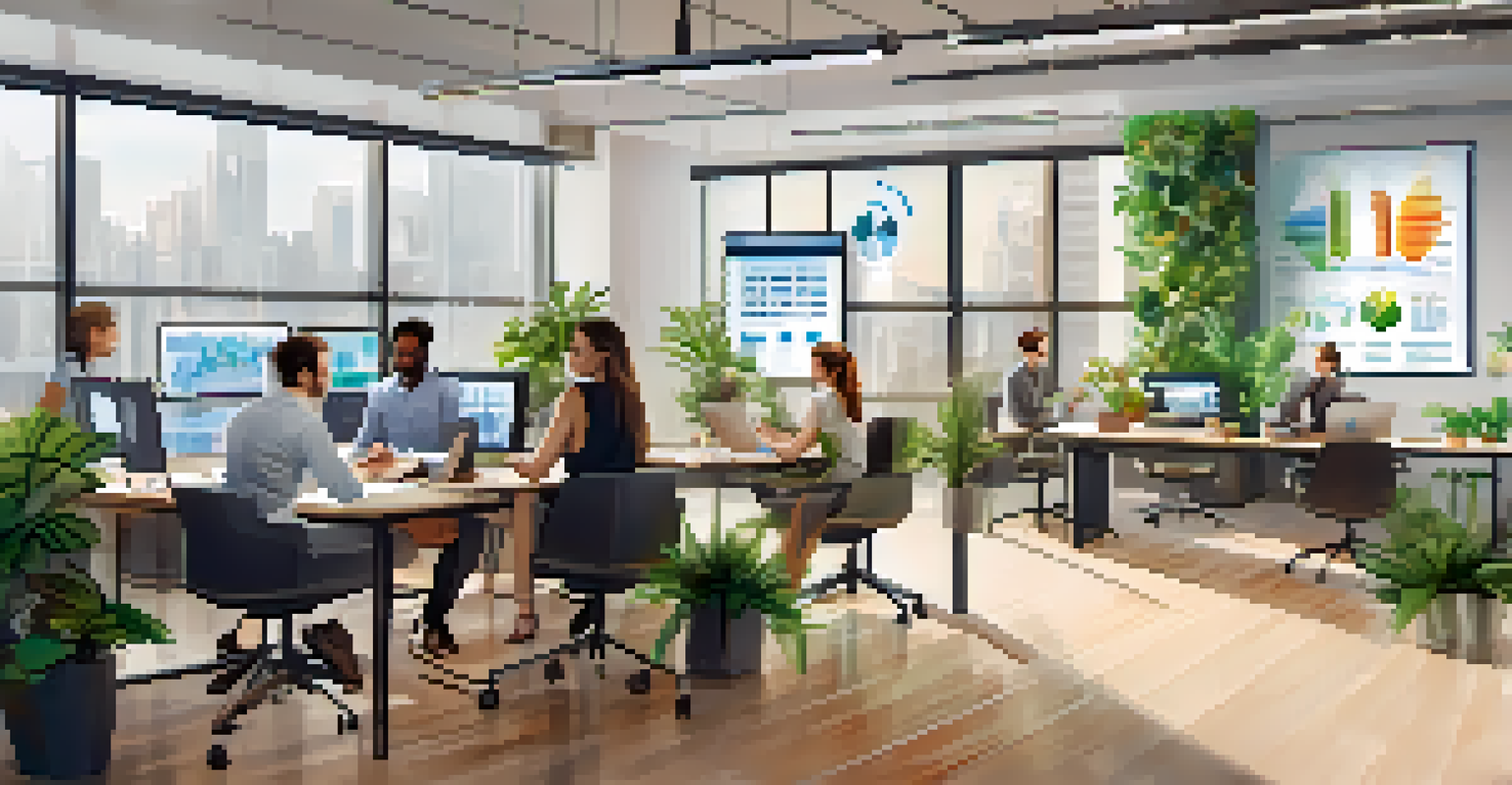 A diverse team working together in an office, discussing and analyzing data on screens in a bright environment.