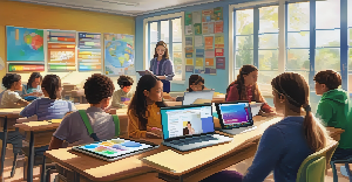 A classroom with a teacher and engaged students using technology and social media for learning.