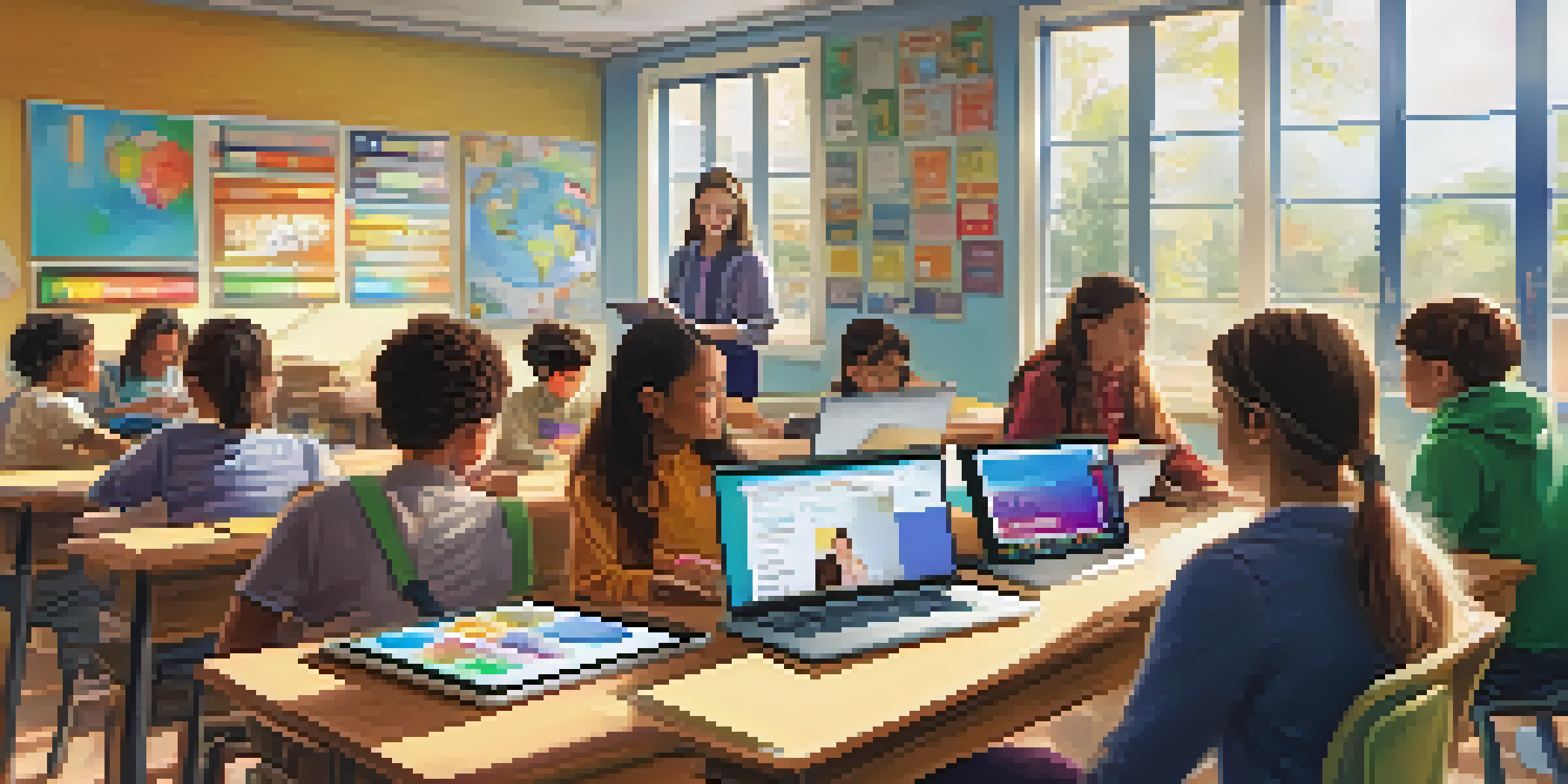 A classroom with a teacher and engaged students using technology and social media for learning.