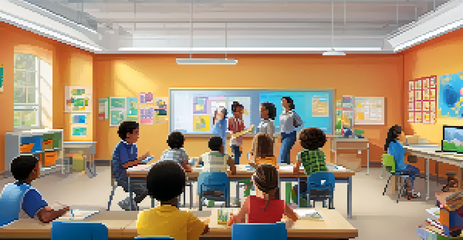 A lively classroom with diverse students collaborating at a table, surrounded by colorful learning materials and posters.