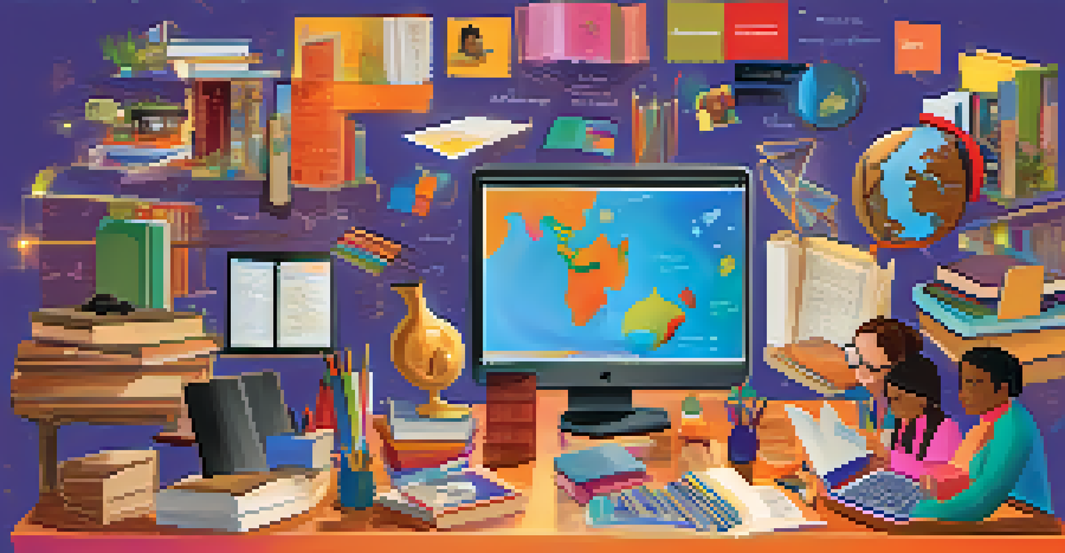 A digital collage representing an inclusive online learning environment with various teaching methods and cultural elements.