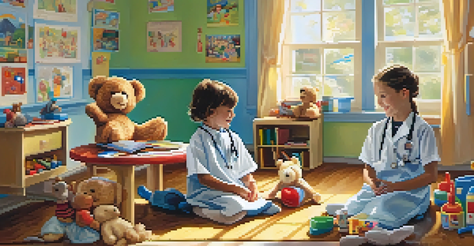 A colorful classroom where children are engaged in pretend play, with one child dressed as a doctor and another as a nurse, surrounded by toys and educational posters.