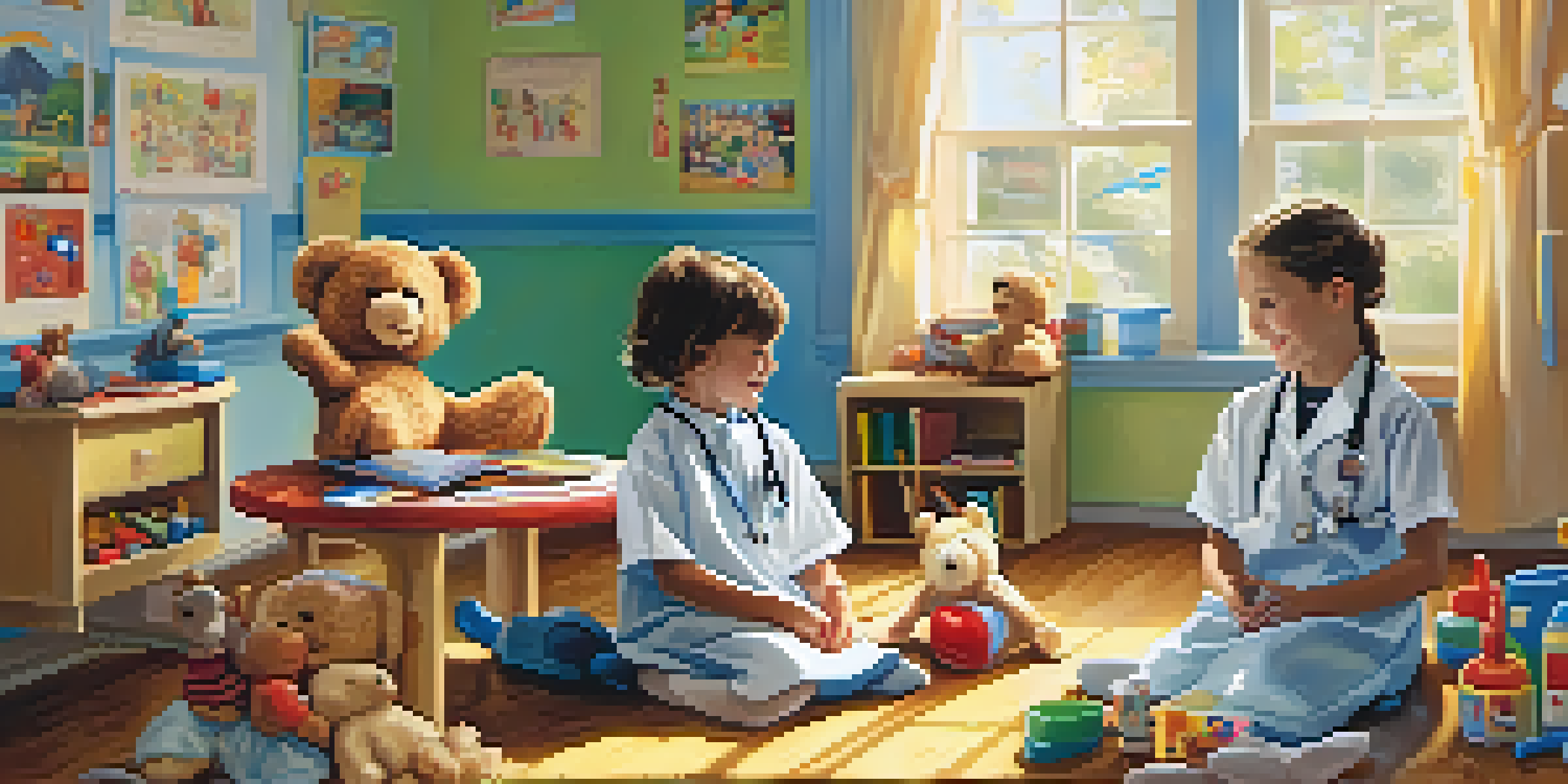 A colorful classroom where children are engaged in pretend play, with one child dressed as a doctor and another as a nurse, surrounded by toys and educational posters.
