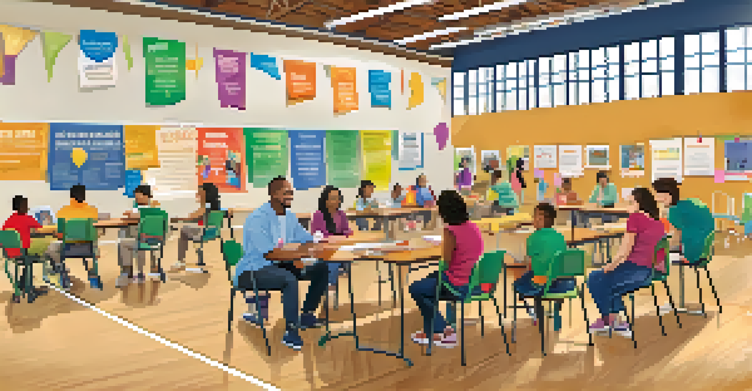 A family workshop in a school gym where parents and educators are discussing mental health resources, with bright banners promoting community support.