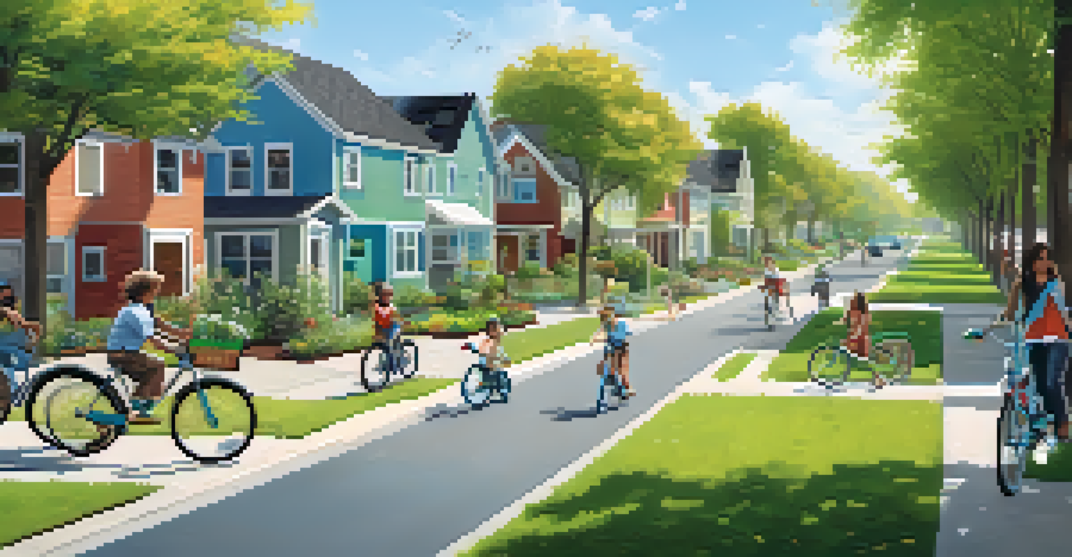 A beautiful neighborhood featuring solar panels, green gardens, and people riding bicycles, under a clear blue sky.