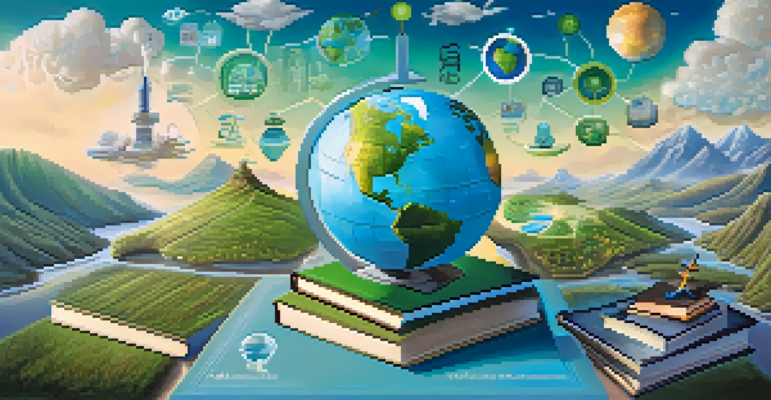 A globe surrounded by symbols of knowledge, illustrating the global impact of open access research in a serene landscape.