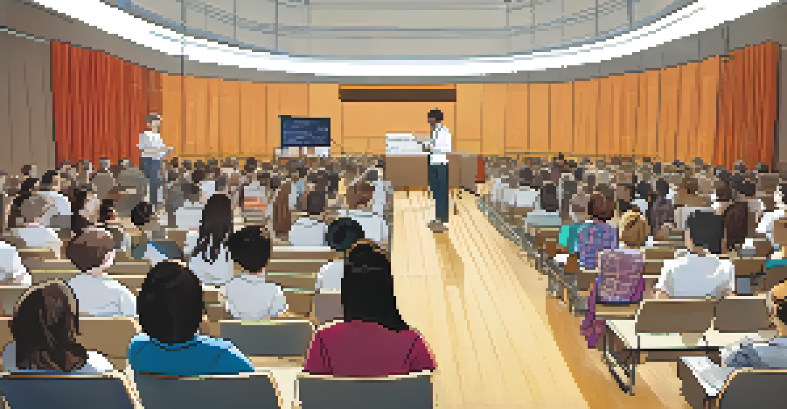 Students presenting their design prototypes in a school auditorium, surrounded by an attentive audience and decorated project banners.