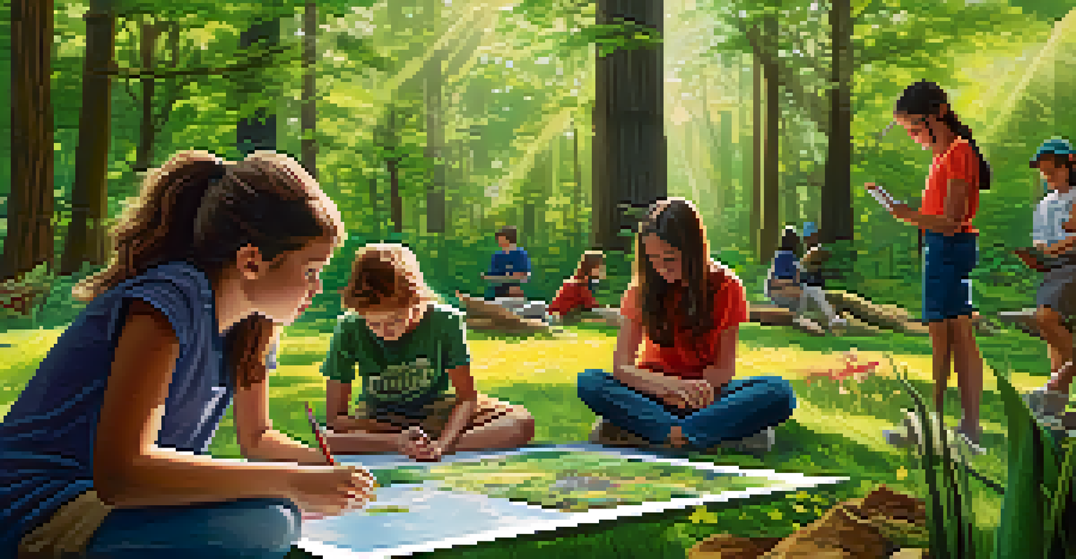 Students exploring a local ecosystem using augmented reality, with images of plants and animals displayed in their environment.