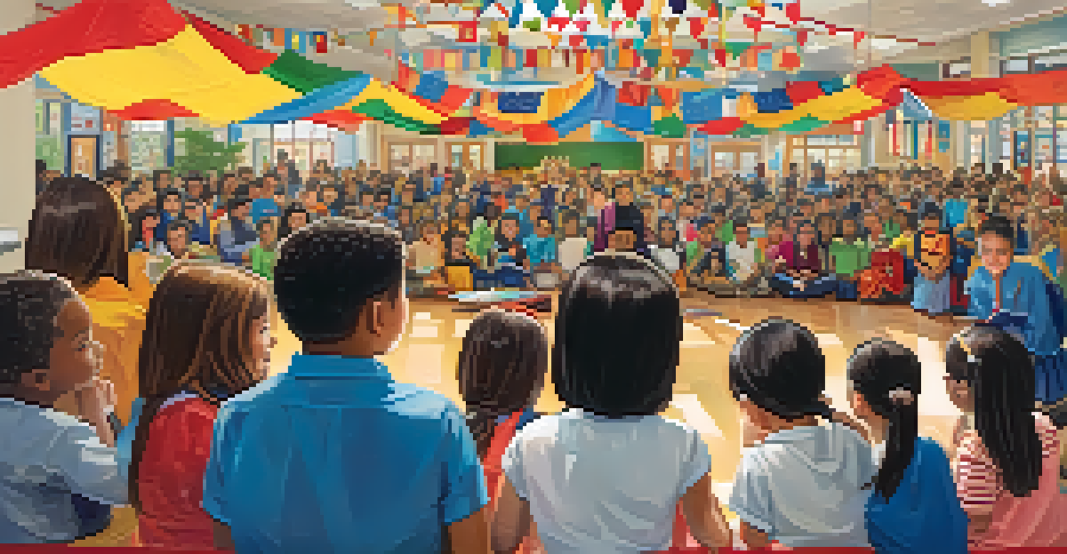 Students presenting their cultures at a school event celebrating diversity with decorations and activities reflecting different backgrounds.