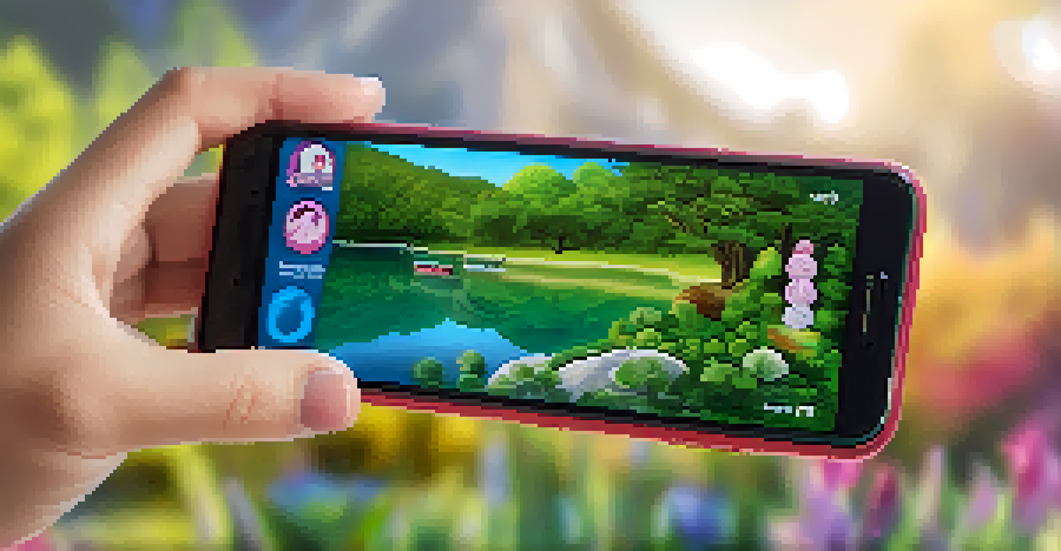 A close-up view of a smartphone displaying an interactive quiz on environmental education with bright nature images.