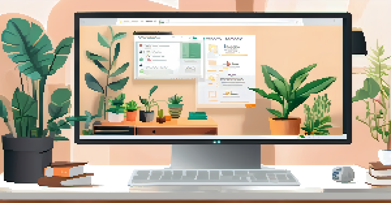 A computer screen displaying a user-friendly online learning platform with an interactive dashboard, set in a modern workspace with plants.