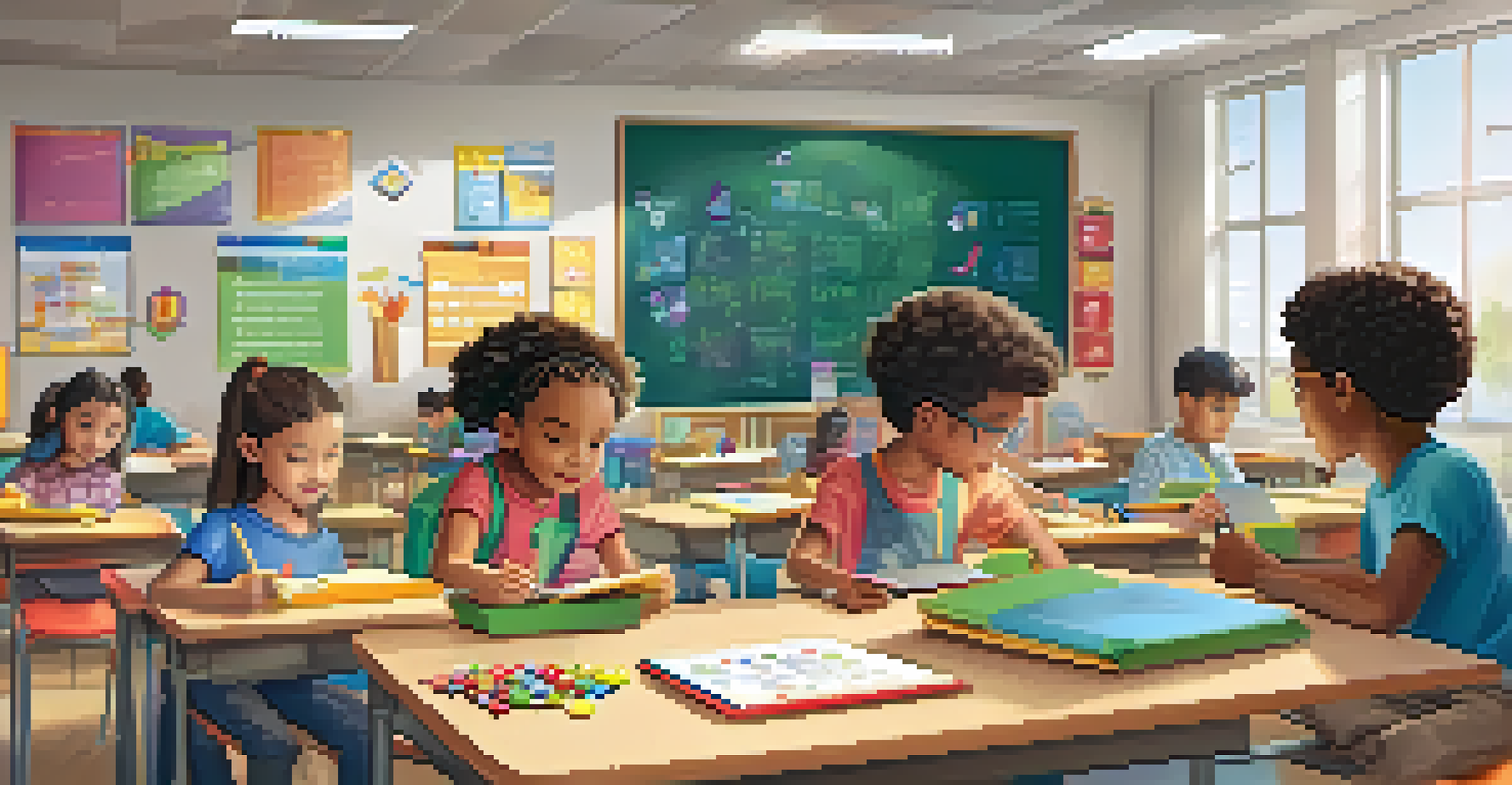 Students participating in a gamified math activity in a bright classroom with rewards displayed, showcasing a motivational learning environment.