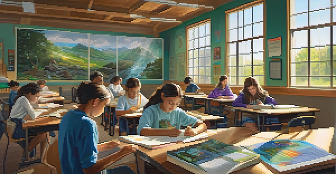 A lively classroom where students of various backgrounds work together on a science project, with bright sunlight illuminating the space.