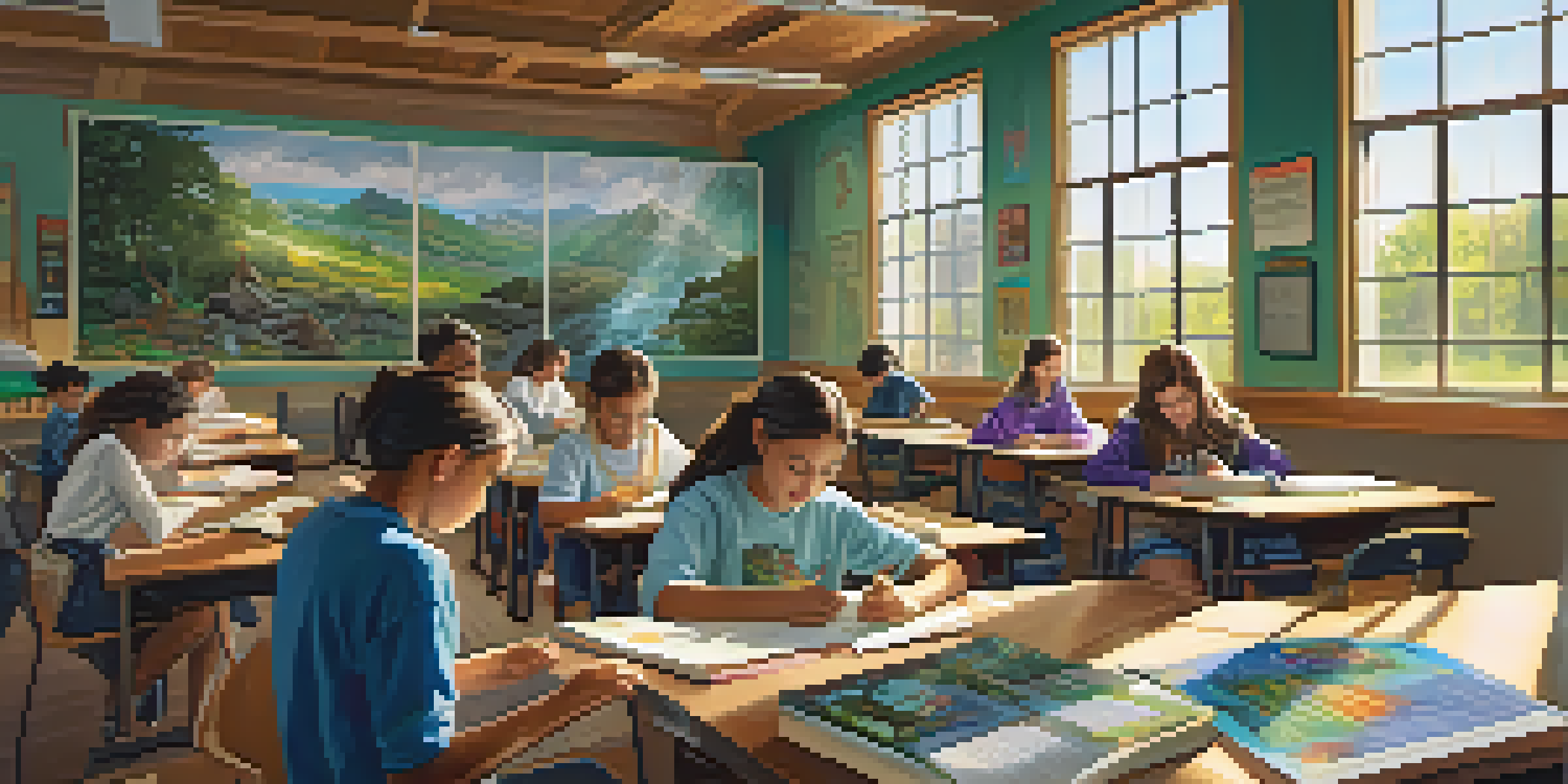 A lively classroom where students of various backgrounds work together on a science project, with bright sunlight illuminating the space.