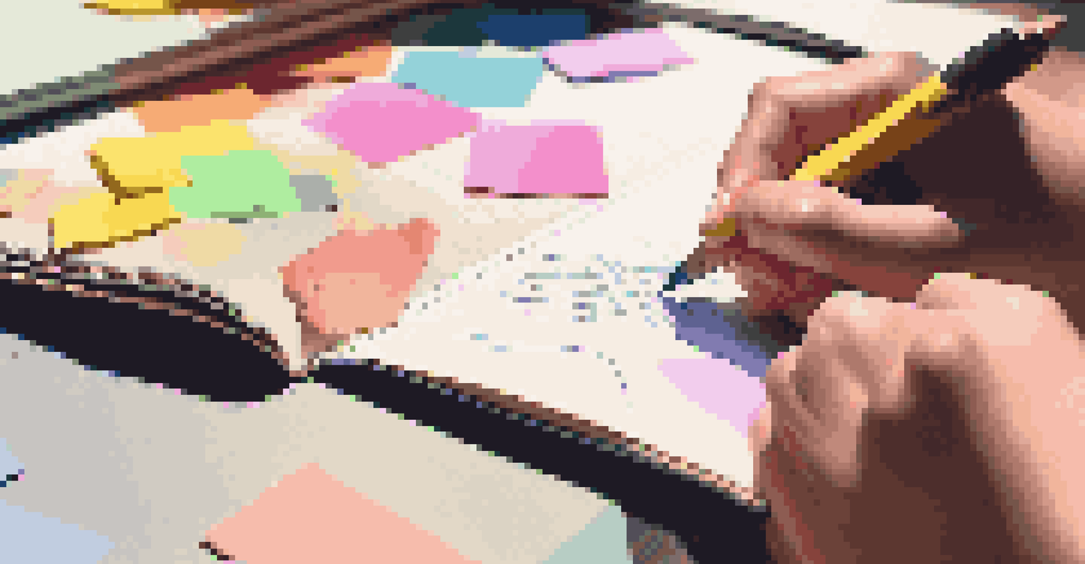 A close-up of a student's hands writing notes in a journal, with sticky notes and pens on the table.