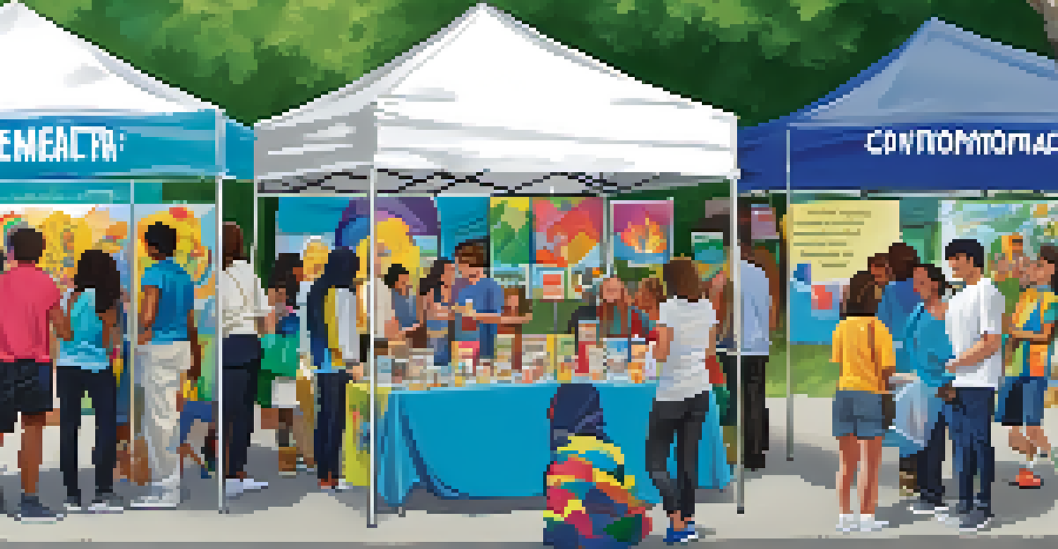 Students setting up a booth for mental health awareness at a community event, with colorful posters and community engagement.
