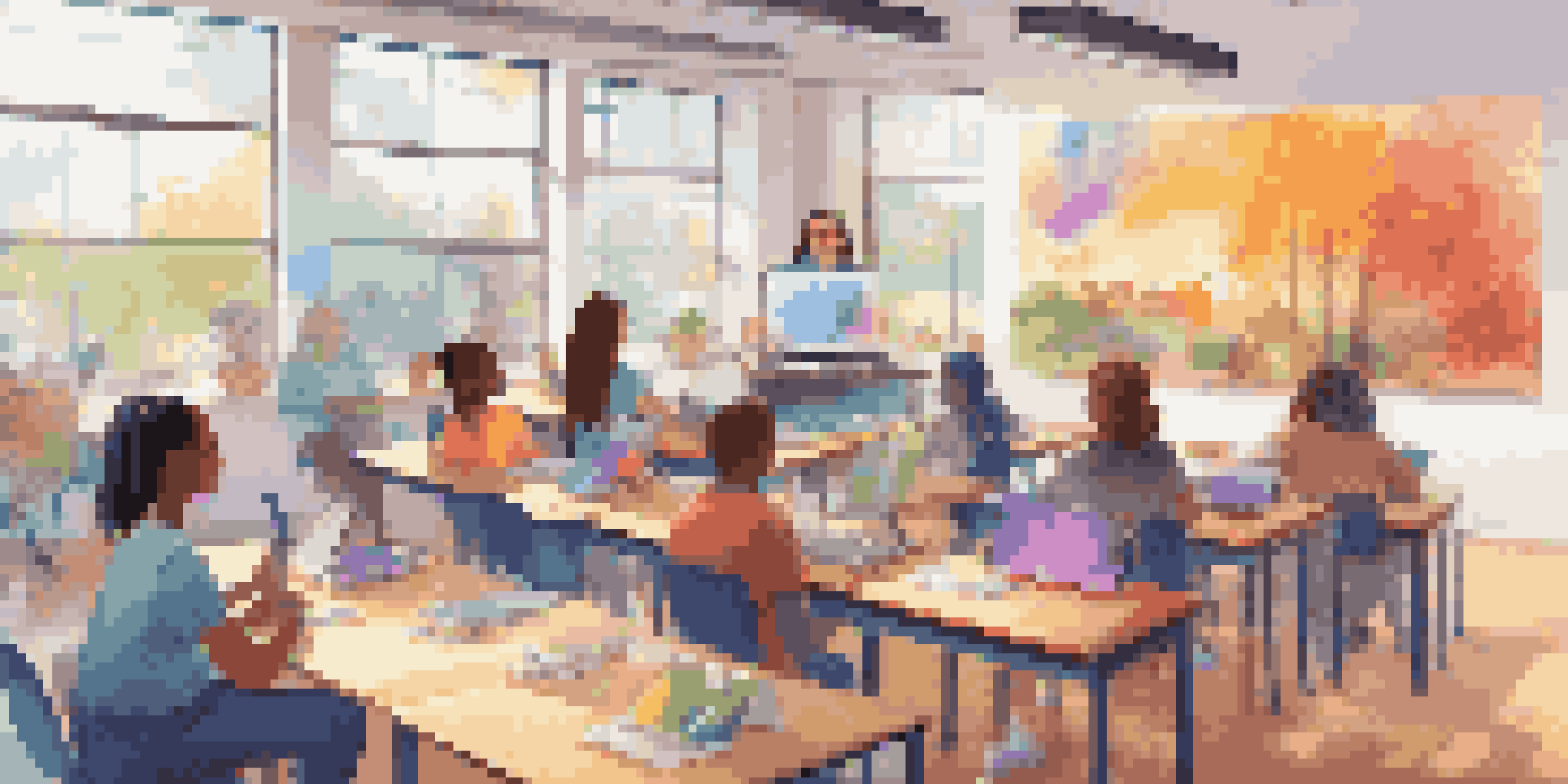 A digital classroom with students participating in an online lesson, a teacher on a screen, and natural light coming in.