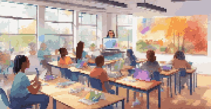 A digital classroom with students participating in an online lesson, a teacher on a screen, and natural light coming in.