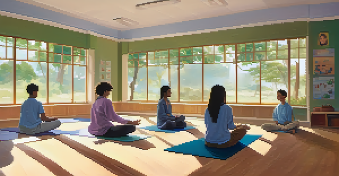 A classroom scene where students are practicing guided meditation on yoga mats, with soft lighting and calming decor.