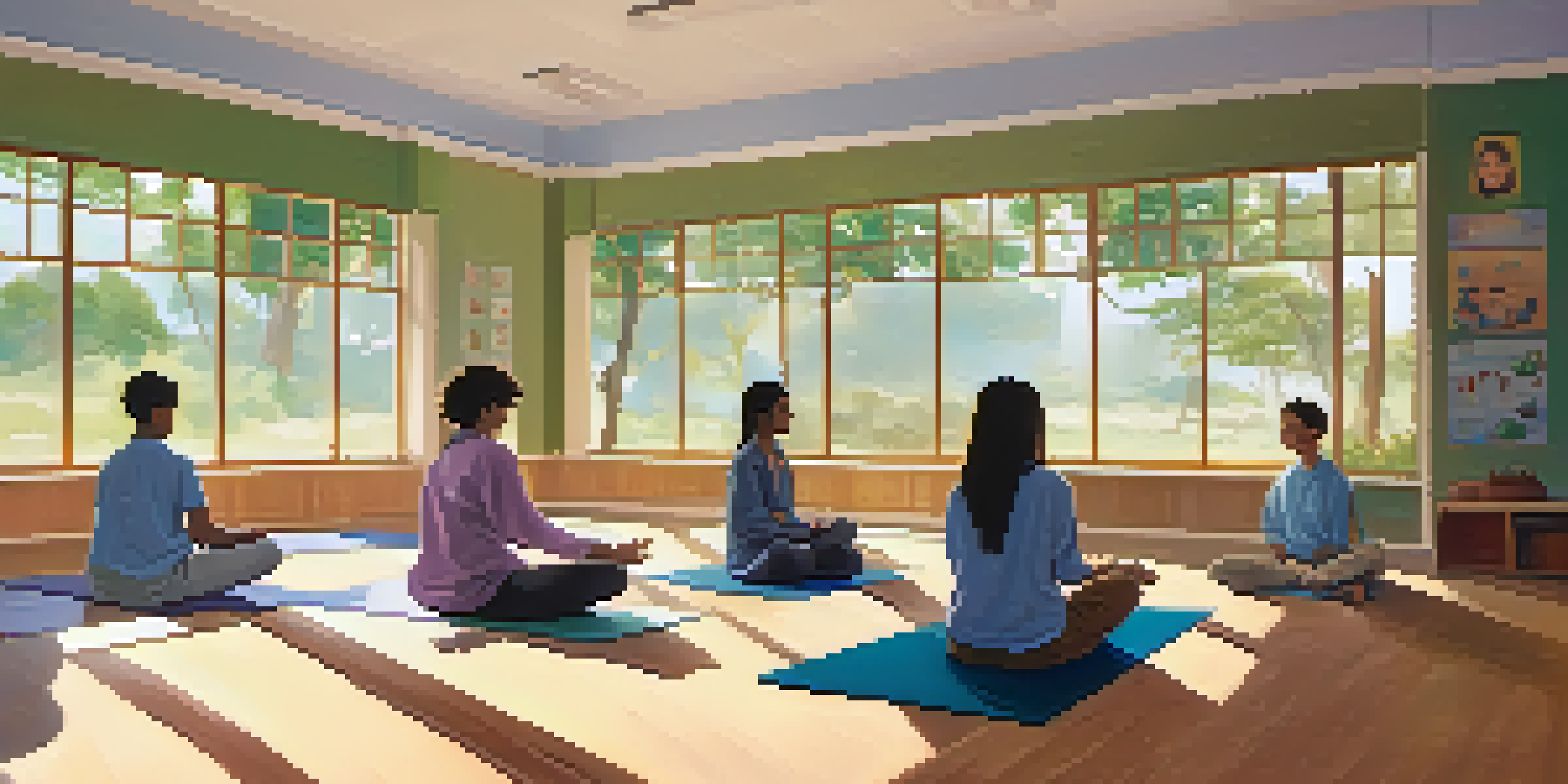 A classroom scene where students are practicing guided meditation on yoga mats, with soft lighting and calming decor.